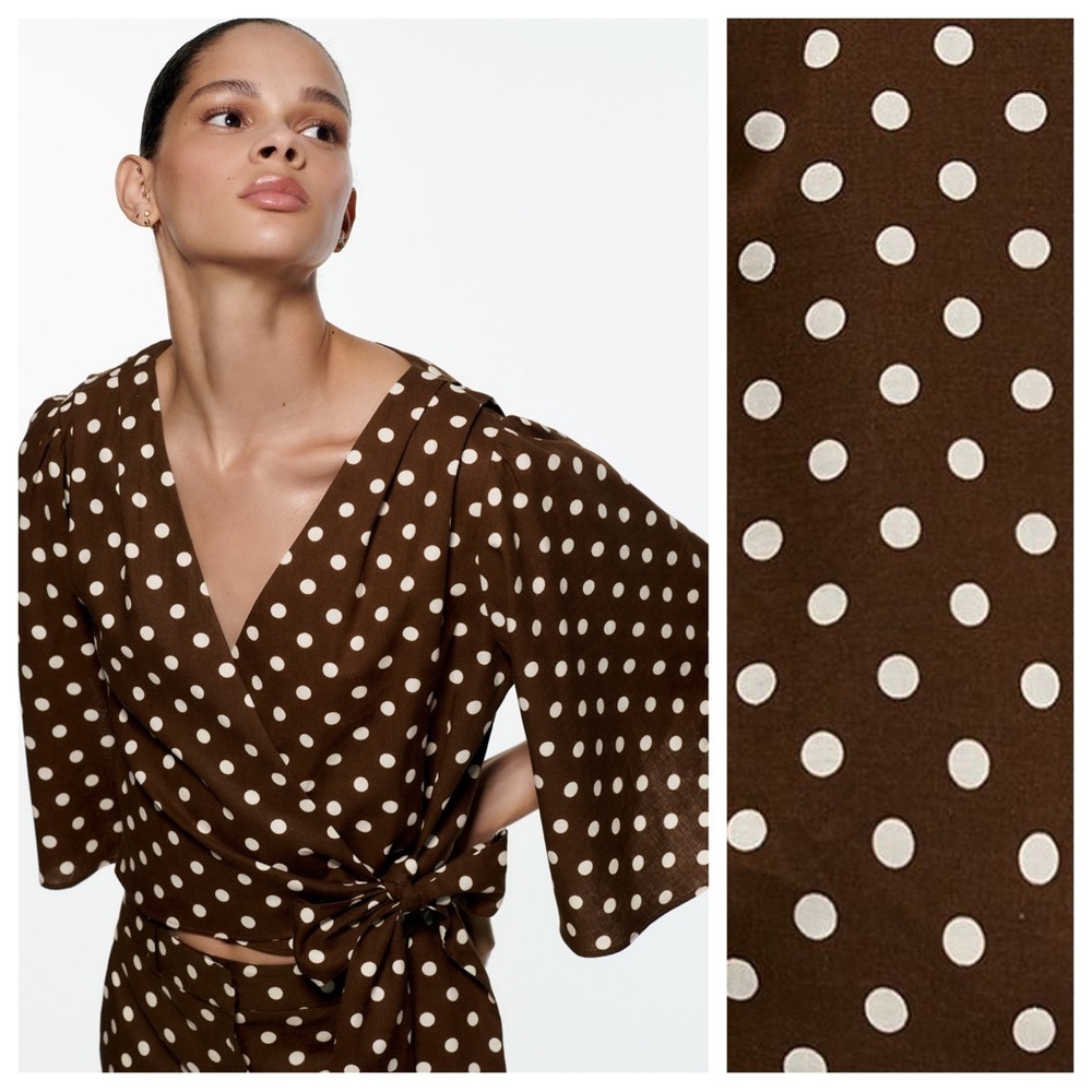 NWT. Zara Brown/Cream Polka Dots Crop Top with Bow. Size L. - Picture 4 of 12